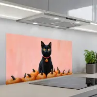 KitchenYeah Spatscherm 100x50 cm - Zelfklevende achterwand Kat - Pompoen - Roze - Keuken muurbeschermer - Spatwand fornuis
