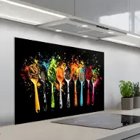 KitchenYeah Spatscherm 100x65 cm - Zelfklevende achterwand Lepels - Kruiden - Modern - Graffiti - Verf - Kleurrijk - Keuken muurbeschermer - Spatwand fornuis