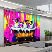 KitchenYeah Spatscherm 100x75 cm - Zelfklevende achterwand Pinguïns - Badkuip - Kleurrijk - Schuim - Keuken muurbeschermer - Spatwand fornuis