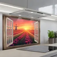 KitchenYeah Spatscherm 80x55 cm - Zelfklevende achterwand Doorkijk - Tulpen - Zonsondergang - Bloemen - Kleurrijk - Keuken muurbeschermer - Spatwand fornuis