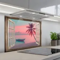 KitchenYeah Spatscherm 80x60 cm - Zelfklevende achterwand Doorkijk - Strand - Palmboom - Tropisch - Keuken muurbeschermer - Spatwand fornuis