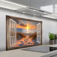 KitchenYeah Spatscherm 100x65 cm - Zelfklevende achterwand Doorkijk - Strand - Duinen - Zonsondergang - Keuken muurbeschermer - Spatwand fornuis