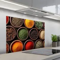 KitchenYeah Spatscherm 100x65 cm - Zelfklevende achterwand Bakjes - Hout - Kruiden - Kleurrijk - Keuken muurbeschermer - Spatwand fornuis
