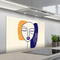 KitchenYeah Spatscherm 100x65 cm - Zelfklevende achterwand Minimalistisch - Gezicht - Hand - Oranje - Blauw - Keuken muurbeschermer - Spatwand fornuis
