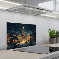 KitchenYeah Spatscherm 60x45 cm - Zelfklevende achterwand Kerstfeest - Dorp - Donker - Keuken muurbeschermer - Spatwand fornuis