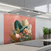 KitchenYeah Spatscherm 90x70 cm - Zelfklevende achterwand Tropische bladeren - Bloemen - Roze - groen - Keuken muurbeschermer - Spatwand fornuis
