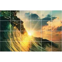 Wallfluent Tegelstickers - Een Golf In Het Zonlicht Stickers Voor Tegels - Set van 24 stuks 20 x 20 cm - Geel Tegelfolie Keuken - Mozaïek Landschappen Badkamer Tegelstickers