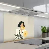 KitchenYeah Spatscherm 90x70 cm - Zelfklevende achterwand Vrouw - Bloem - Geel - Minimalistisch - Keuken muurbeschermer - Spatwand fornuis