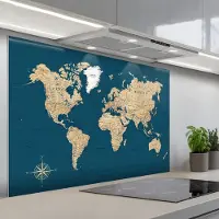 KitchenYeah Spatscherm 120x80 cm - Zelfklevende achterwand Wereldkaart - Donkerblauw - Beige - Keuken muurbeschermer - Spatwand fornuis