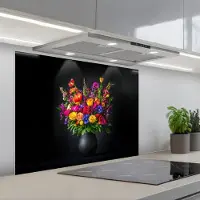 KitchenYeah Spatscherm 80x60 cm - Zelfklevende achterwand Felgekleurd - Bloemen - Vaas - Keuken muurbeschermer - Spatwand fornuis