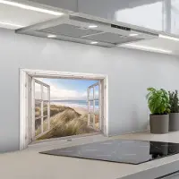 KitchenYeah Spatscherm 60x45 cm - Zelfklevende achterwand Doorkijk - Strand - Zee - Duinen - Helmgras - Zand - Blauw - Keuken muurbeschermer - Spatwand fornuis