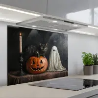 KitchenYeah Spatscherm 90x70 cm - Zelfklevende achterwand Halloween - Pompoen - Spook - Zwarte kat - Stilleven - Keuken muurbeschermer - Spatwand fornuis
