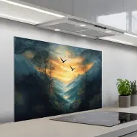 KitchenYeah Spatscherm 100x65 cm - Zelfklevende achterwand Vogels - Zon - Bomen - Groen - Keuken muurbeschermer - Spatwand fornuis