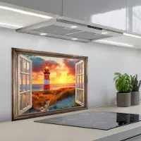 KitchenYeah Spatscherm 70x50 cm - Zelfklevende achterwand Doorkijk - Raam - Vuurtoren - Zonsondergang - Strand - Keuken muurbeschermer - Spatwand fornuis