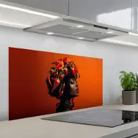 KitchenYeah Spatscherm 100x50 cm - Zelfklevende achterwand Vrouw - Chilipepers - Pepers - Bloemen - Keuken muurbeschermer - Spatwand fornuis