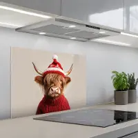 KitchenYeah Spatscherm 70x50 cm - Zelfklevende achterwand Schotse Hooglander - Kerst - Muts - Trui - Winter - Keuken muurbeschermer - Spatwand fornuis