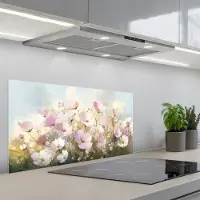 KitchenYeah Spatscherm 80x40 cm - Zelfklevende achterwand Bloemenveld - Lichte tinten - Geschilderd - Keuken muurbeschermer - Spatwand fornuis