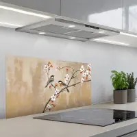 KitchenYeah Spatscherm 80x40 cm - Zelfklevende achterwand Vogels - Bloesemtak - Bloemen - Oranje - Keuken muurbeschermer - Spatwand fornuis
