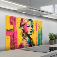 KitchenYeah Spatscherm 100x65 cm - Zelfklevende achterwand Vrouw - Verfstrepen - Gekleurd - Keuken muurbeschermer - Spatwand fornuis