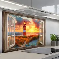 KitchenYeah Spatscherm 120x80 cm - Zelfklevende achterwand Doorkijk - Raam - Vuurtoren - Zonsondergang - Strand - Keuken muurbeschermer - Spatwand fornuis