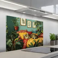 KitchenYeah Spatscherm 100x65 cm - Zelfklevende achterwand Kat - Planten - Groen - Keuken muurbeschermer - Spatwand fornuis