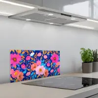 KitchenYeah Spatscherm 70x30 cm - Zelfklevende achterwand Bloemen - Blauw - Roze - Keuken muurbeschermer - Spatwand fornuis