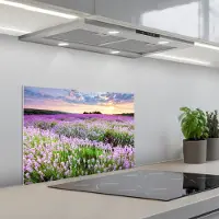 KitchenYeah Spatscherm 60x40 cm - Zelfklevende achterwand Lavendel - Bloemen - Zonsondergang - Paars - Weide - Keuken muurbeschermer - Spatwand fornuis