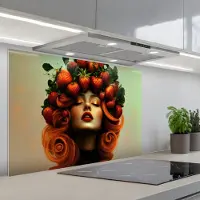 KitchenYeah Spatscherm 80x55 cm - Zelfklevende achterwand Vrouw - Aardbeien - Kroon - Keuken muurbeschermer - Spatwand fornuis