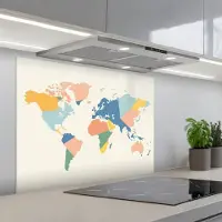 KitchenYeah Spatscherm 90x70 cm - Zelfklevende achterwand Wereldkaart - Kleurvlakken - Pastel - Abstract - Keuken muurbeschermer - Spatwand fornuis