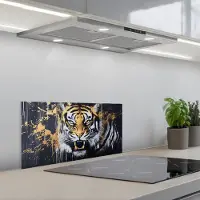 KitchenYeah Spatscherm 70x30 cm - Zelfklevende achterwand Tijger - Verfspatten - Goud - Keuken muurbeschermer - Spatwand fornuis