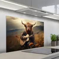 KitchenYeah Spatscherm 100x65 cm - Zelfklevende achterwand Schotse hooglander - Gitaar - Bloemen - Bergen - Keuken muurbeschermer - Spatwand fornuis