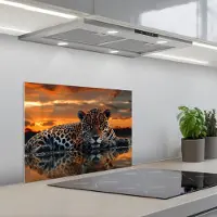 KitchenYeah Spatscherm 60x45 cm - Zelfklevende achterwand Natuur - Luipaard - Dier - Zonsondergang - Modern - Keuken muurbeschermer - Spatwand fornuis