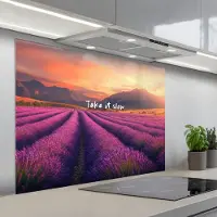KitchenYeah Spatscherm 100x75 cm - Zelfklevende achterwand Lavendelveld - Quote - Zonsondergang - Keuken muurbeschermer - Spatwand fornuis