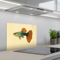 KitchenYeah Spatscherm 60x45 cm - Zelfklevende achterwand Vis - illustratie - Stippen - Oranje - Keuken muurbeschermer - Spatwand fornuis