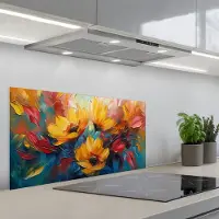 KitchenYeah Spatscherm 80x40 cm - Zelfklevende achterwand Bloemen - Zonnebloemen - Kunst - Geel - Keuken muurbeschermer - Spatwand fornuis