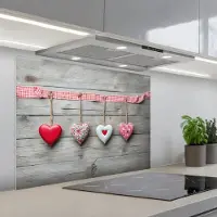 KitchenYeah Spatscherm 80x60 cm - Zelfklevende achterwand Hart - Rood - Roze - Hout - Liefde - Keuken muurbeschermer - Spatwand fornuis