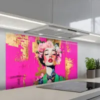 KitchenYeah Spatscherm 120x60 cm - Zelfklevende achterwand Bloemenkroon - Goud - Vrouw - Portret - Keuken muurbeschermer - Spatwand fornuis