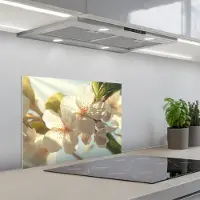 KitchenYeah Spatscherm 60x45 cm - Zelfklevende achterwand Bloesems - Wit - Zonnestralen - Bloemblaadjes - Keuken muurbeschermer - Spatwand fornuis