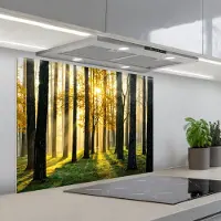 KitchenYeah Spatscherm 90x70 cm - Zelfklevende achterwand Bos - Zon - Bomen - Gras - Landschap - Natuur - Keuken muurbeschermer - Spatwand fornuis