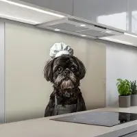 KitchenYeah Spatscherm 120x80 cm - Zelfklevende achterwand Kokskleding - Zwart - Hondje - Keuken muurbeschermer - Spatwand fornuis