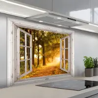 KitchenYeah Spatscherm 100x75 cm - Zelfklevende achterwand Bos - Bomen - Zonlicht - Herfst - Bospad - Natuur - Doorkijk - Keuken muurbeschermer - Spatwand fornuis
