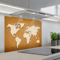 KitchenYeah Spatscherm 90x70 cm - Zelfklevende achterwand Wereldkaart - Papierstructuur - Bruin - Keuken muurbeschermer - Spatwand fornuis