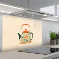 KitchenYeah Spatscherm 80x55 cm - Zelfklevende achterwand Oranje - Theepot - Bloemen - Bladeren - Keuken muurbeschermer - Spatwand fornuis