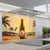 KitchenYeah Spatscherm 80x55 cm - Zelfklevende achterwand Bierfles - Zonsondergang - Palmbomen - Zee - Keuken muurbeschermer - Spatwand fornuis