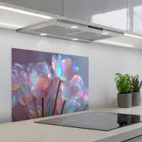 KitchenYeah Spatscherm 70x50 cm - Zelfklevende achterwand Tulpen - Glazen - Bloemblaadjes - Pasteltinten - Keuken muurbeschermer - Spatwand fornuis