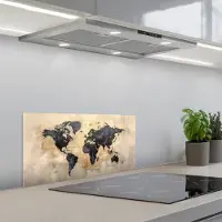 KitchenYeah Spatscherm 60x30 cm - Zelfklevende achterwand Wereldkaart - Goud - Zwart - Abstract - Keuken muurbeschermer - Spatwand fornuis