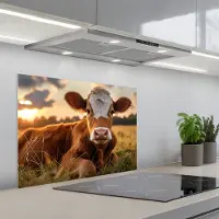 KitchenYeah Spatscherm 70x55 cm - Zelfklevende achterwand Koe - Dier - Weiland - Gras - Dieren - Natuur - Keuken muurbeschermer - Spatwand fornuis