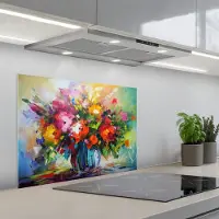 KitchenYeah Spatscherm 70x50 cm - Zelfklevende achterwand Bloemen - Kleurrijk - Bloempot - Olieverf - Keuken muurbeschermer - Spatwand fornuis