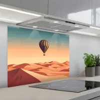 KitchenYeah Spatscherm 90x70 cm - Zelfklevende achterwand Luchtballon - Woestijn - Zonsondergang - Blauw - Keuken muurbeschermer - Spatwand fornuis
