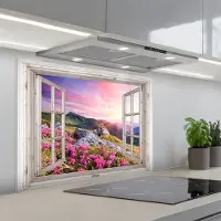 KitchenYeah Spatscherm 80x60 cm - Zelfklevende achterwand Bergen - Landschap - Doorkijk - Bloemen - Avond - Roze - Keuken muurbeschermer - Spatwand fornuis